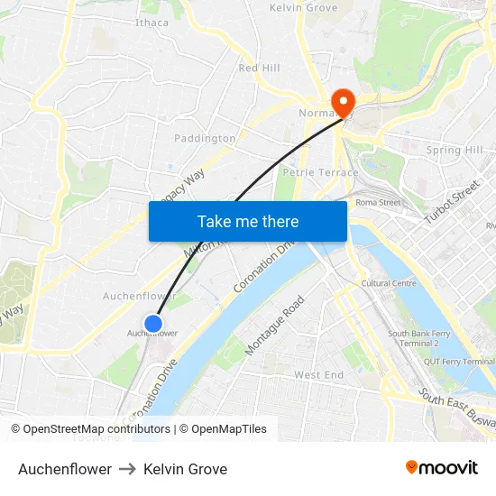 Auchenflower to Kelvin Grove map