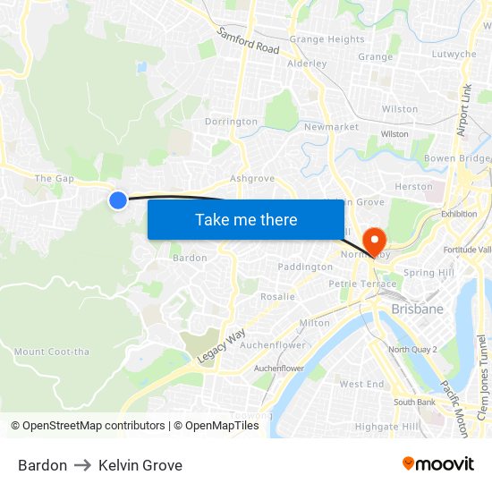 Bardon to Kelvin Grove map