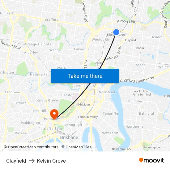 Clayfield to Kelvin Grove map