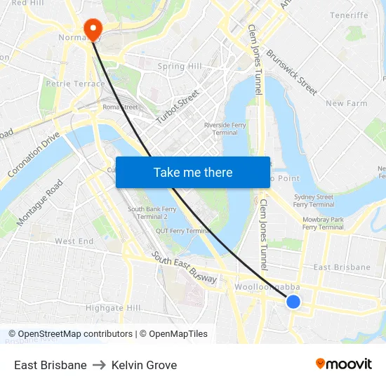 East Brisbane to Kelvin Grove map