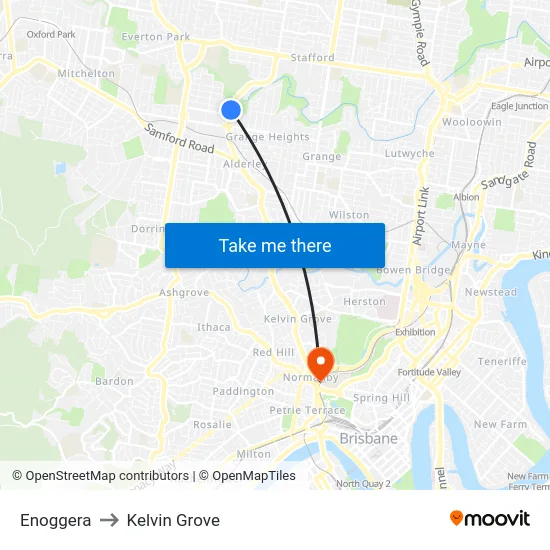 Enoggera to Kelvin Grove map