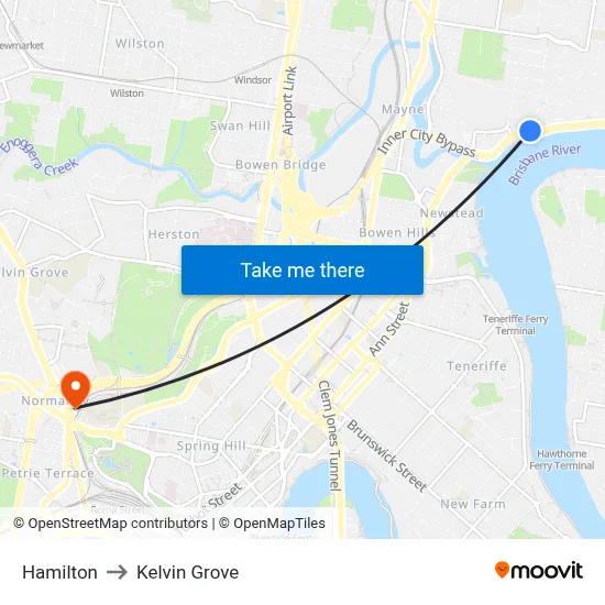 Hamilton to Kelvin Grove map