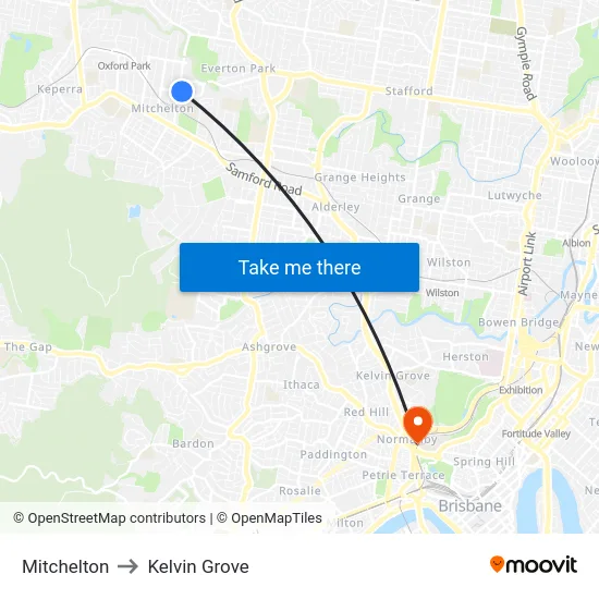 Mitchelton to Kelvin Grove map