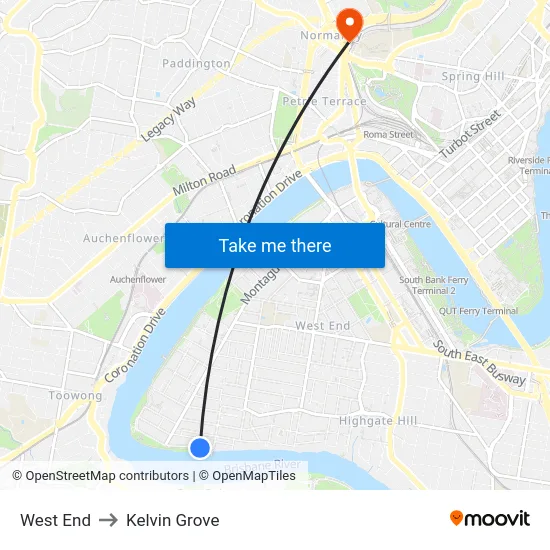 West End to Kelvin Grove map