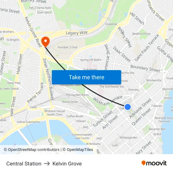 Central Station to Kelvin Grove map