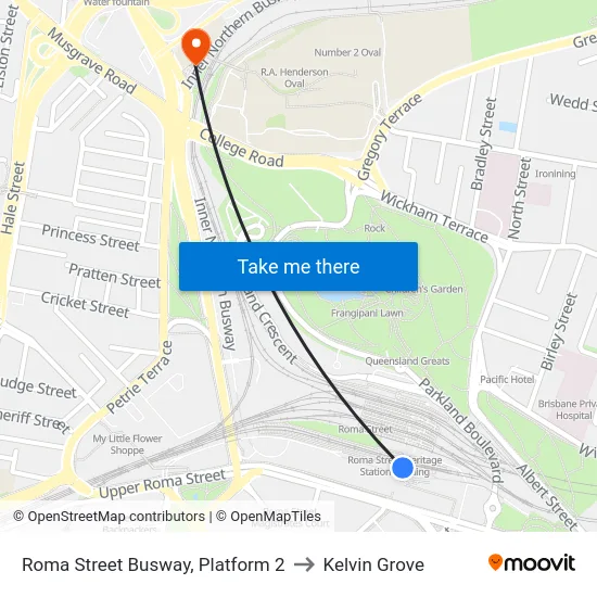 Roma Street Busway, Platform 2 to Kelvin Grove map
