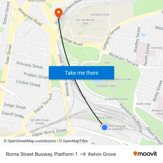Roma Street Busway, Platform 1 to Kelvin Grove map