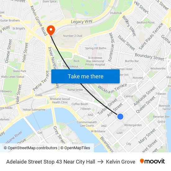 Adelaide Street Stop 43 Near City Hall to Kelvin Grove map