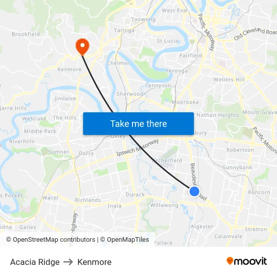 Acacia Ridge to Kenmore map