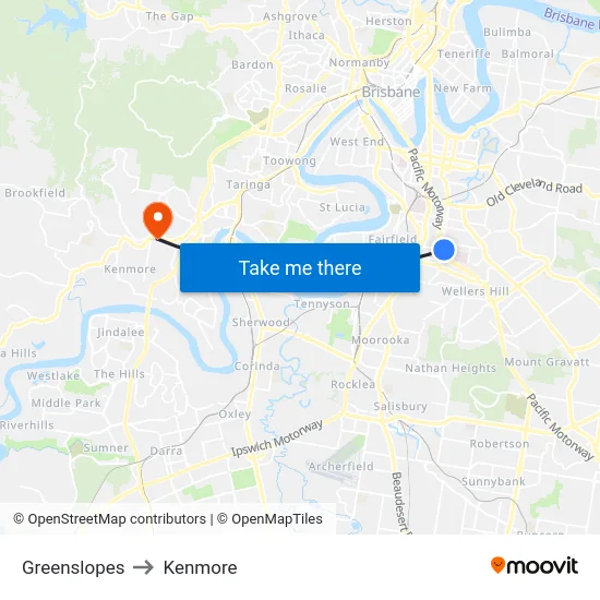 Greenslopes to Kenmore map
