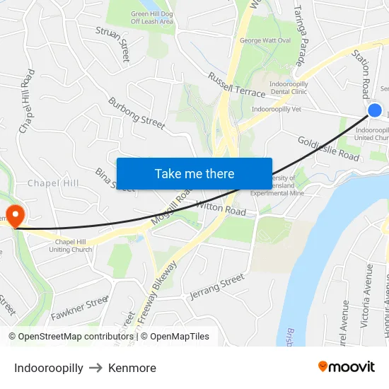 Indooroopilly to Kenmore map