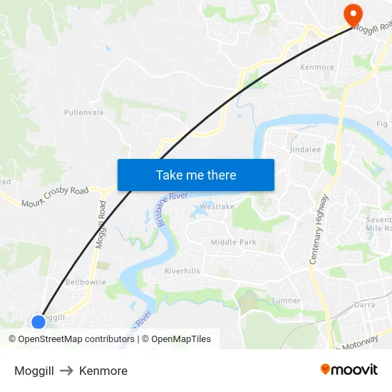 Moggill to Kenmore map