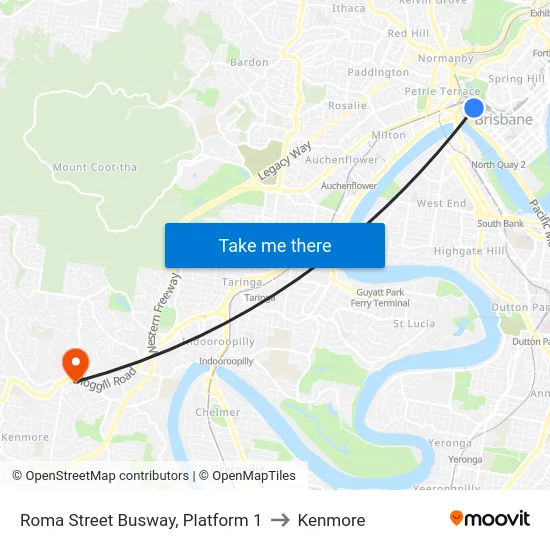 Roma Street Busway, Platform 1 to Kenmore map