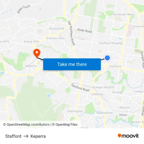 Stafford to Keperra map