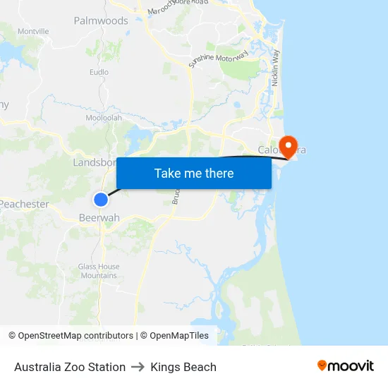 Australia Zoo Station to Kings Beach map