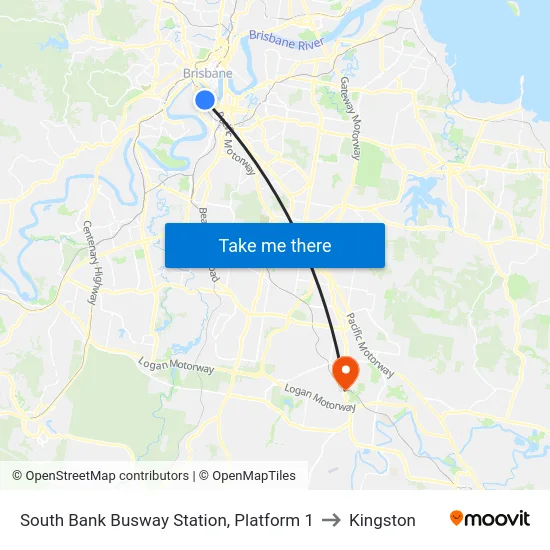 South Bank Busway Station, Platform 1 to Kingston map