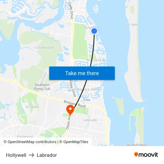 Hollywell to Labrador map