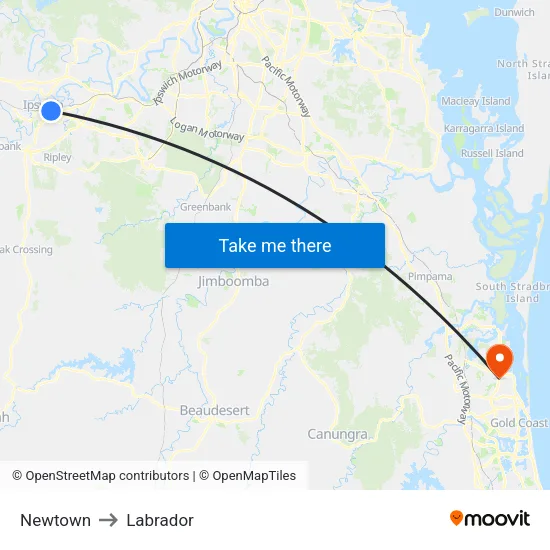 Newtown to Labrador map