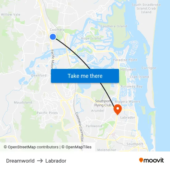 Dreamworld to Labrador map