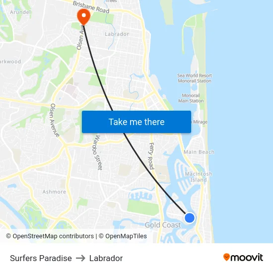 Surfers Paradise to Labrador map