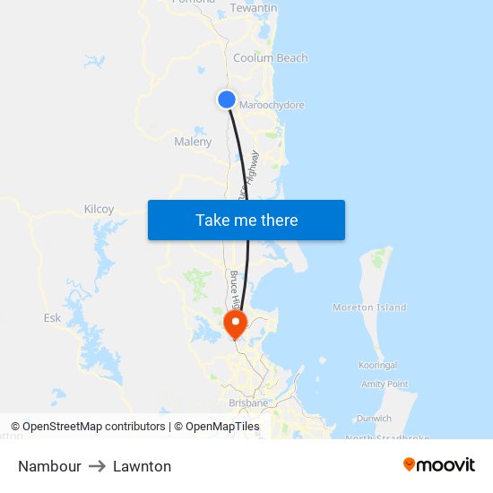 Nambour to Lawnton map