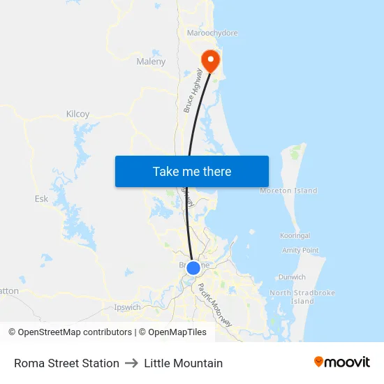 Roma Street Station to Little Mountain map