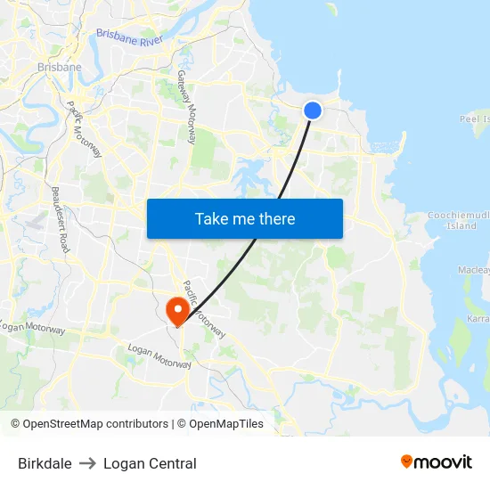 Birkdale to Logan Central map