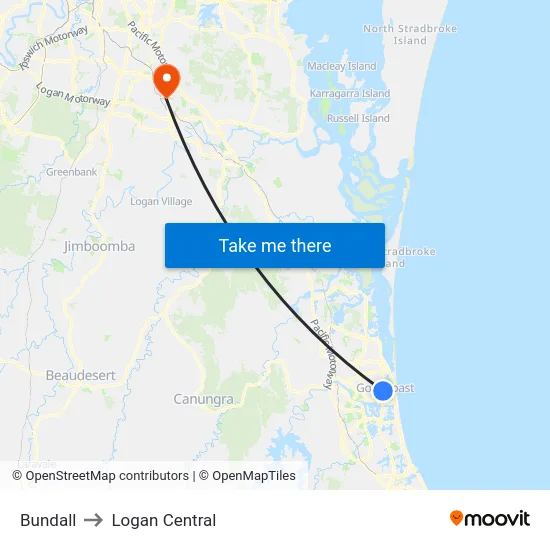 Bundall to Logan Central map