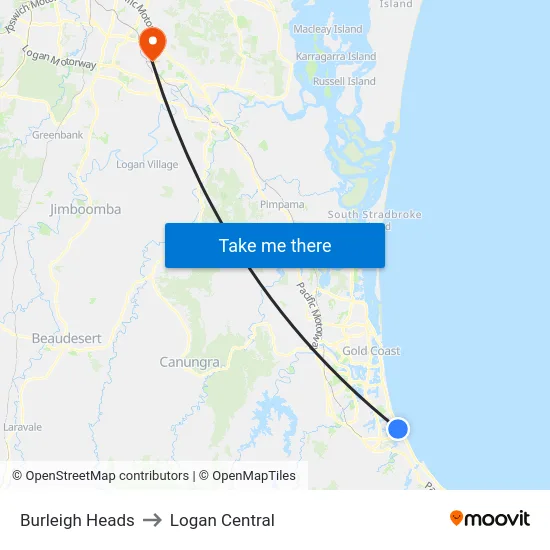 Burleigh Heads to Logan Central map