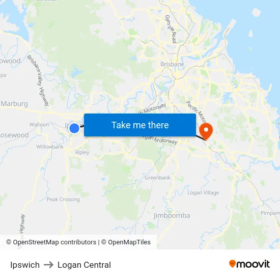 Ipswich to Logan Central map