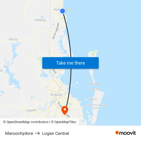 Maroochydore to Logan Central map