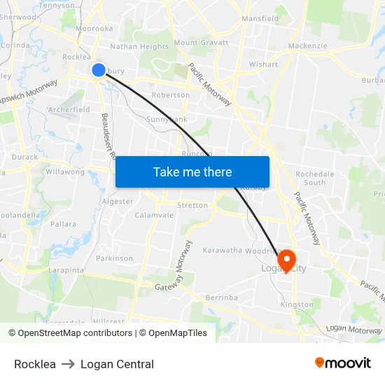 Rocklea to Logan Central map