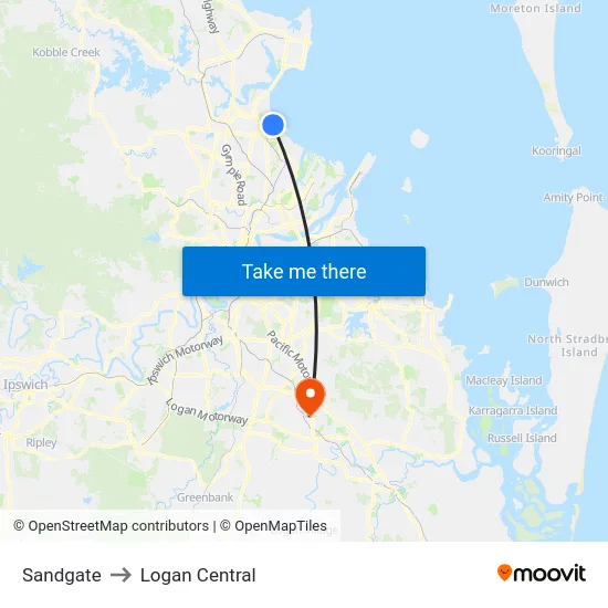 Sandgate to Logan Central map