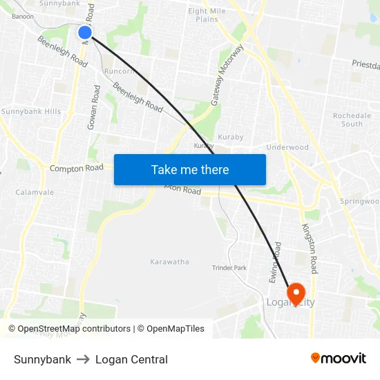 Sunnybank to Logan Central map