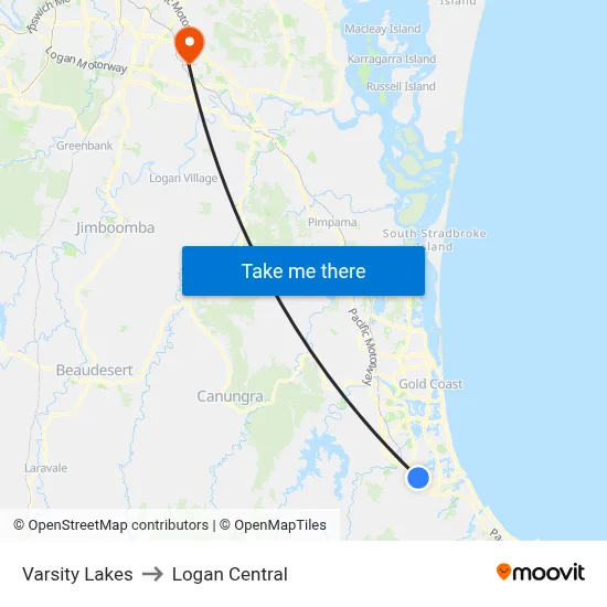 Varsity Lakes to Logan Central map
