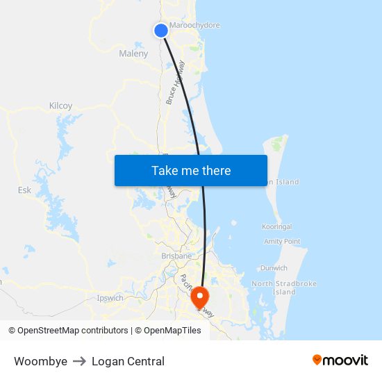 Woombye to Logan Central map