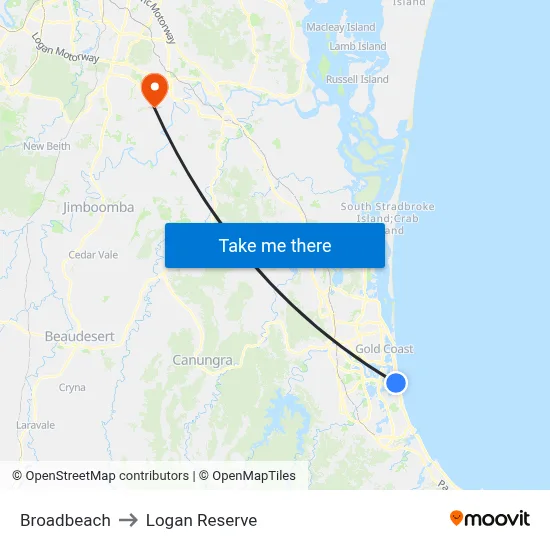 Broadbeach to Logan Reserve map