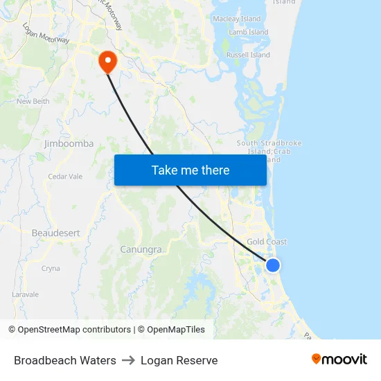 Broadbeach Waters to Logan Reserve map