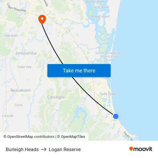 Burleigh Heads to Logan Reserve map