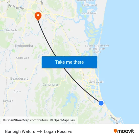 Burleigh Waters to Logan Reserve map