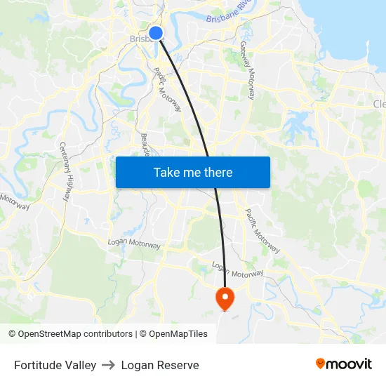 Fortitude Valley to Logan Reserve map