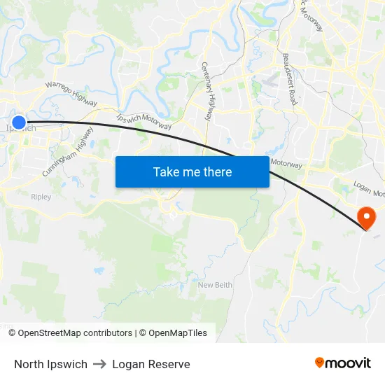 North Ipswich to Logan Reserve map