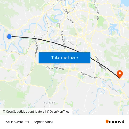 Bellbowrie to Loganholme map