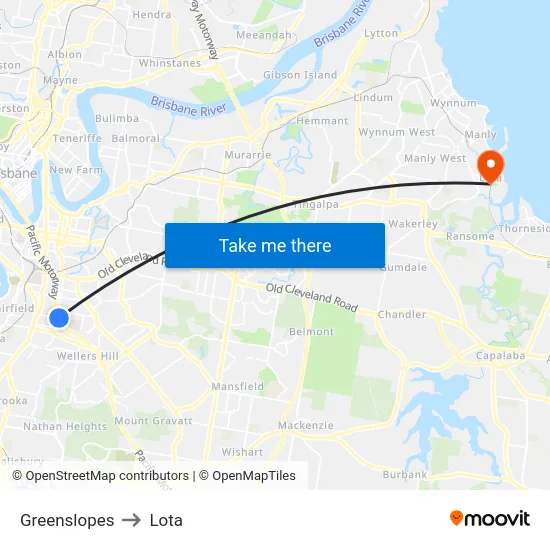 Greenslopes to Lota map