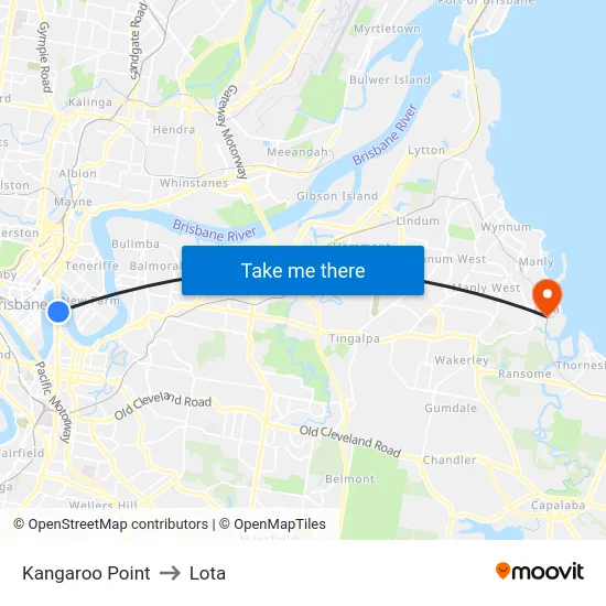 Kangaroo Point to Lota map