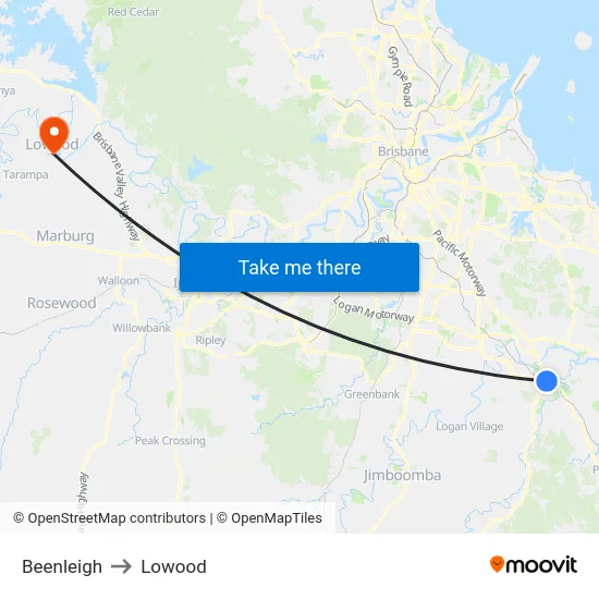 Beenleigh to Lowood map