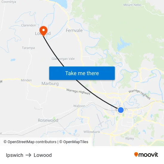 Ipswich to Lowood map