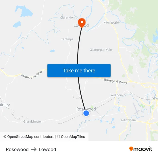 Rosewood to Lowood map