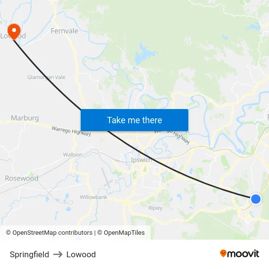 Springfield to Lowood map