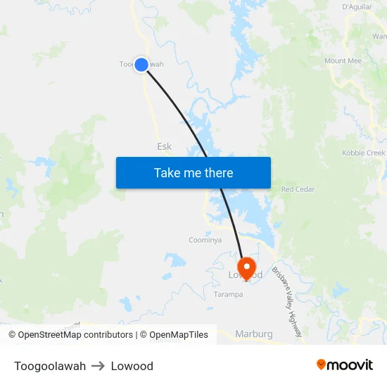 Toogoolawah to Lowood map